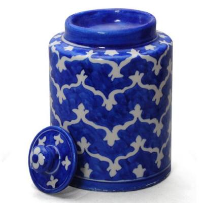 Jaipur Blue Pottery Handmade Jar 6" - Blue Base with White Mehrab Geometric Design
