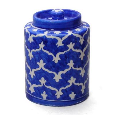 Jaipur Blue Pottery Handmade Jar 6" - Blue Base with White Mehrab Geometric Design