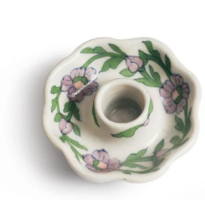 Jaipur Blue Pottery Handmade Candle Plate Mellon Shape 3 inches -White Base with Pink Flower 
