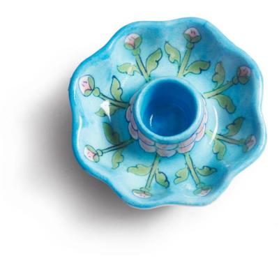 Jaipur Blue Pottery Handmade Candle Plate Mellon Shape 3 inches -Turquoise  Base  with Pink Flower 