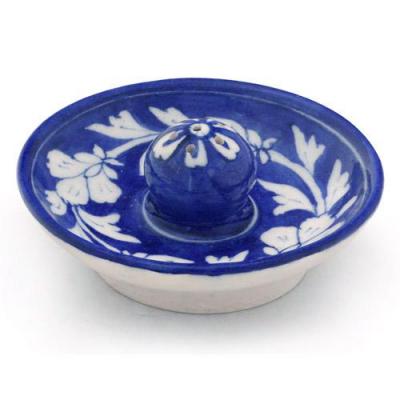 Jaipur Blue Pottery Handmade Incense Holder With Plate - Blue Base with White Flower