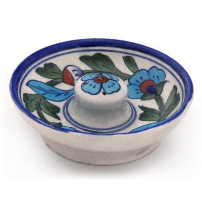 Jaipur Blue Pottery Handmade Incense Holder with Plate - White Base with Turquoise Flower