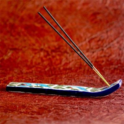 Jaipur Blue Pottery Handmade long incense Holder - white base with Blue Flower