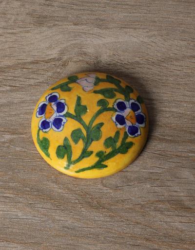 JAIPUR BLUE POTTERY PURSE MIRROR  YELLOW COLOUR WITH  COTTON CLOTH POUCH