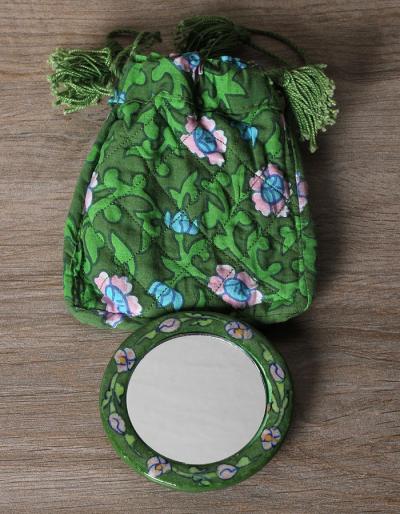 JAIPUR BLUE POTTERY PURSE MIRROR  GREEN  COLOR  WITH  COTTON CLOTH POUCH