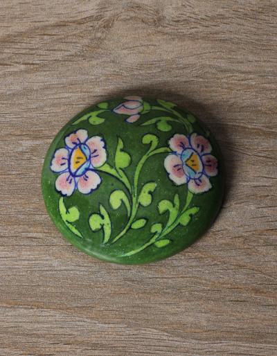 JAIPUR BLUE POTTERY PURSE MIRROR  GREEN  COLOR  WITH  COTTON CLOTH POUCH