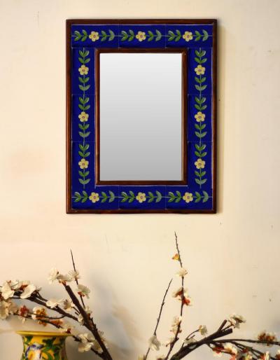 Blue Embossed Tiled Mirror with Yellow Flowers and Green Leaves 12" x 16"