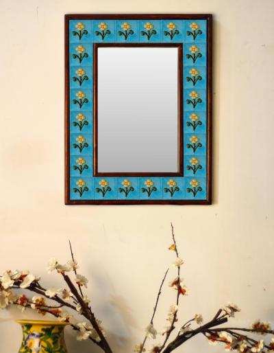 Turquoise base embossed Tile Mirror with flower and leaves 12" x 16"