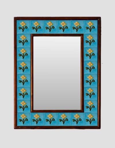 Turquoise base embossed Tile Mirror with flower and leaves 12" x 16"