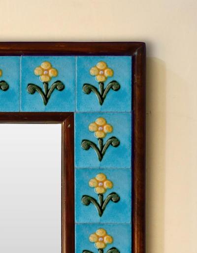 Turquoise base embossed Tile Mirror with flower and leaves 12" x 16"