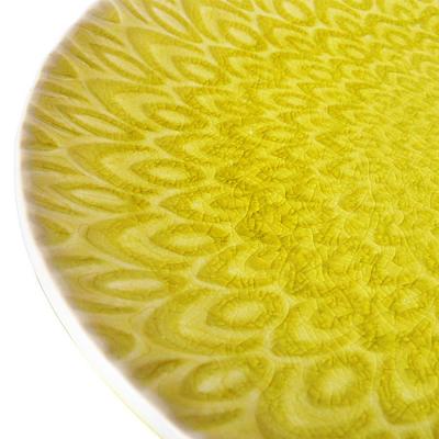 Handmade stoneware plate embossed 10" - lime green color with crackle design 