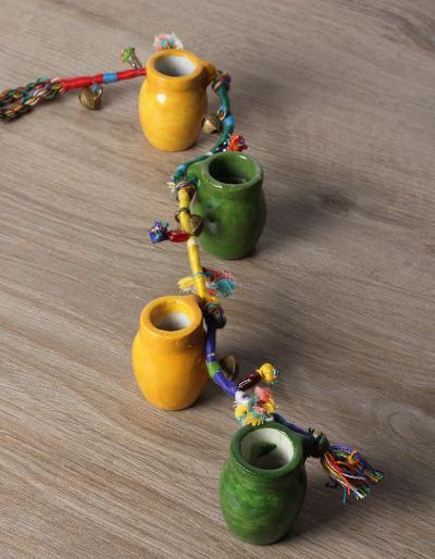 JAIPUR BLUE POTTERY HANDMADE JUG HANGING WITH KALBELIYA WORK - YELLOW/GREEN
