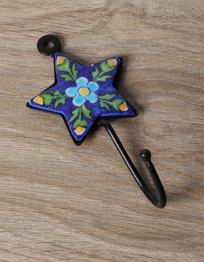 JAIPUR BLUE POTTERY HANDMADE STAR HOOK SMALL WITH IRON - BLUE WITH TURQUOISE FLOWER