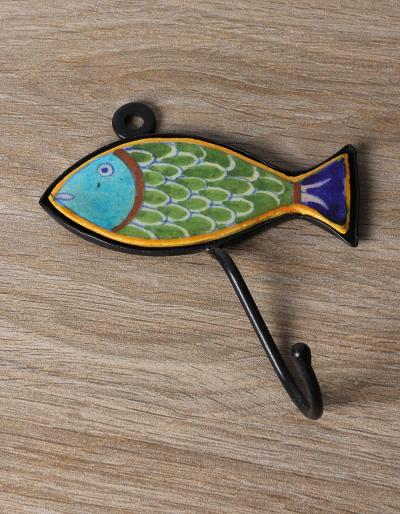 JAIPUR BLUE POTTERY HANDMADE FISH WITH IRON HOOK - GREEN