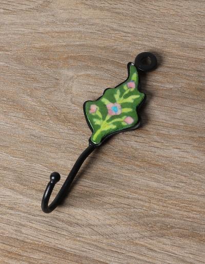 JAIPUR BLUE POTTERY HANDMADE LEAF HOOK WITH IRON -GREEN WITH PINK FLOWER