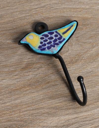 JAIPUR BLUE POTTERY HANDMADE BIRD HOOK WITH IRON - TURQUOISE  BASE WITH BLUE/YELLOW