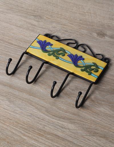JAIPUR BLUE POTTERY HANDMADE EMBOSSED TILE HOOK WITH IRON 2X6 INCHES - YELLOW BASE WITH BLUE FLOWER