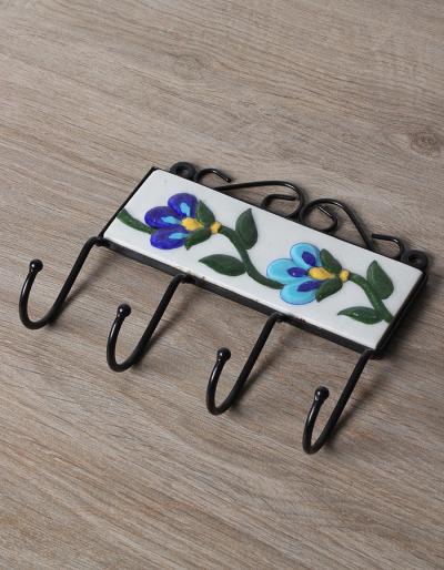 JAIPUR BLUE POTTERY HANDMADE EMBOSSED TILE HOOK WITH IRON 2X6 INCHES - WHITE BASE WITH BLUE FLOWER