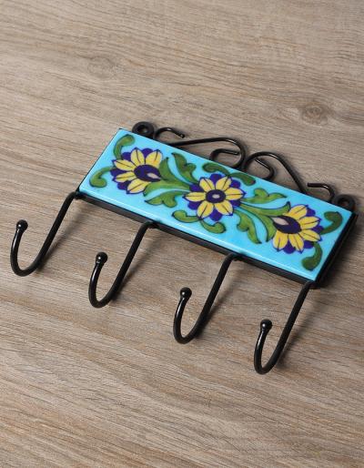 JAIPUR BLUE POTTERY HANDMADE TILE HOOK WITH IRON 2X6 INCHES - TURQUOISE BASE WITH BLUE FLOWER