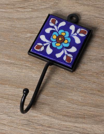 JAIPUR BLUE POTTERY HANDMADE TILE HOOK  WITH IRON 2X2 INCHES- BLUE BASE WITH TURQUOISE FLOWER