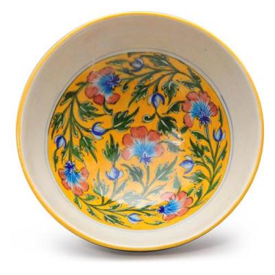Jaipur Blue Pottery handmade Bowl 10 inches - Yellow Base with Brown flowers & green leaves