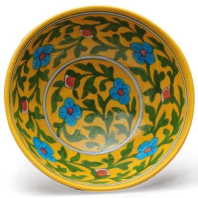 Jaipur Blue Pottery Handmade Bowl 8 inches - Yellow Base with Turquoise Flowers