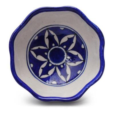 Jaipur Blue Pottery handmade Bowl 5 inches - Blue Base with white 48  geometric design