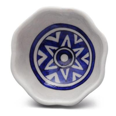 Jaipur Blue Pottery Handmade melon shape Bowl 5 inches - white base with blue Zig Zag Design