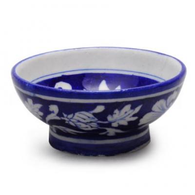 Jaipur Blue Pottery Handmade Bowl 4 inches - Blue base with White flowers
