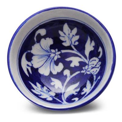Jaipur Blue Pottery Handmade Bowl 4 inches - Blue base with White flowers