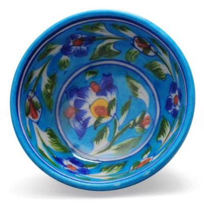 Jaipur Blue Pottery Handmade Bowl 4 inches - Turquoise Base with Blue Flowers
