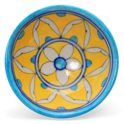 Jaipur Blue Pottery Handmade bowl 3" -  Yellow Turquoise combination