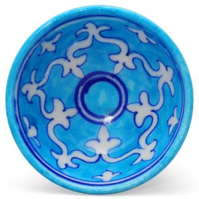 Jaipur Blue Pottery Handmade Bowl 3 inches - Turquoise Base with white Mehrab designs 