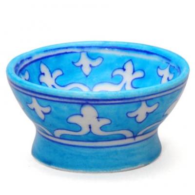 Jaipur Blue Pottery Handmade Bowl 3 inches - Turquoise Base with white Mehrab designs 