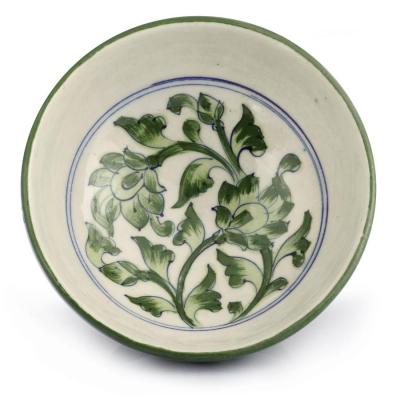Jaipur Blue Pottery Handmade Bowl 6 inches - White Base with Green Flower
