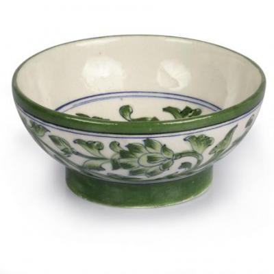 Jaipur Blue Pottery Handmade Bowl 6 inches - White Base with Green Flower