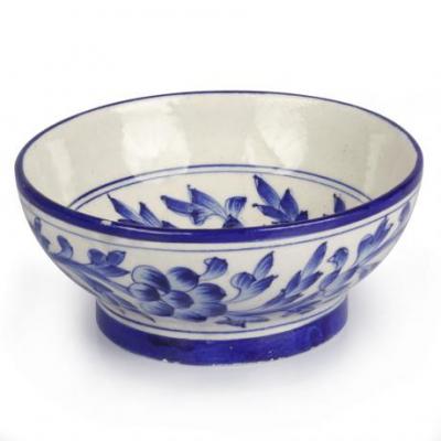 Jaipur Blue Pottery handmade Bowl 6 inches - White Base with Blue Flowers