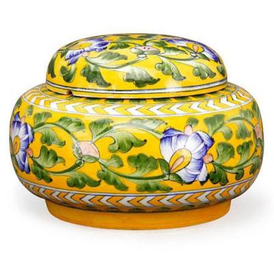 Jaipur Blue Pottery Handmade Rose Bowl Jar 7 inches - yellow Base with blue flowers