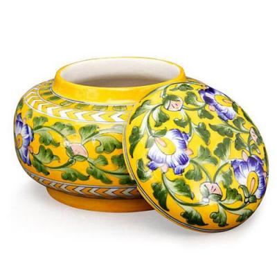 Jaipur Blue Pottery Handmade Rose Bowl Jar 7 inches - yellow Base with blue flowers