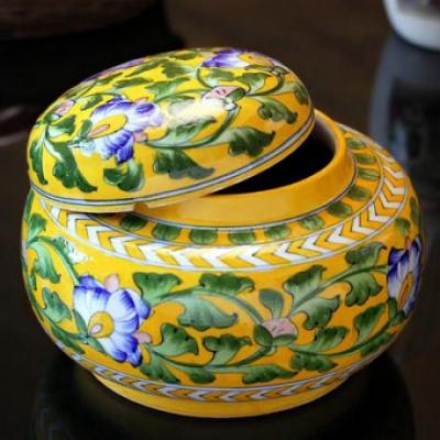 Jaipur Blue Pottery Handmade Rose Bowl Jar 7 inches - yellow Base with blue flowers