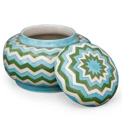 Jaipur Blue Pottery handmade Rose Bowl Jar 7 inches - Zig Zag Design with Turquoise,Green and White 