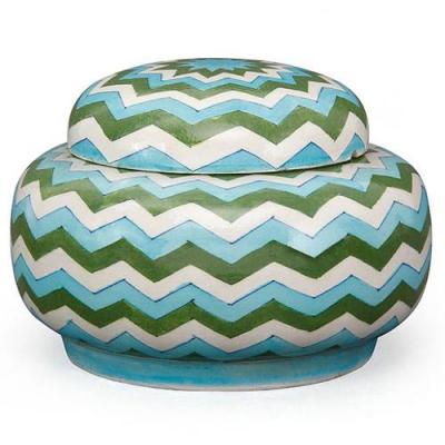 Jaipur Blue Pottery handmade Rose Bowl Jar 7 inches - Zig Zag Design with Turquoise,Green and White 