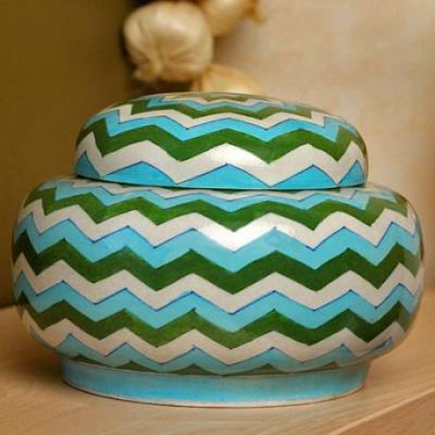 Jaipur Blue Pottery handmade Rose Bowl Jar 7 inches - Zig Zag Design with Turquoise,Green and White 