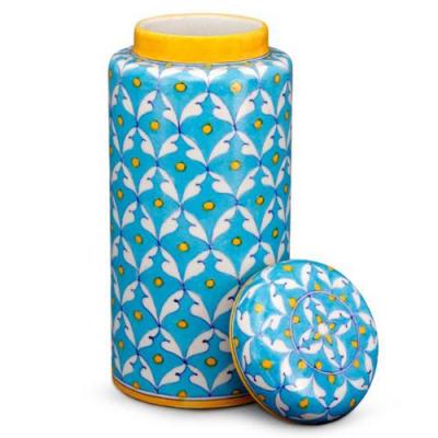 Jaipur Blue Pottery Handmade Jar with lid 9 inches - Turquoise Base 48 Geometric Design with yellow dots