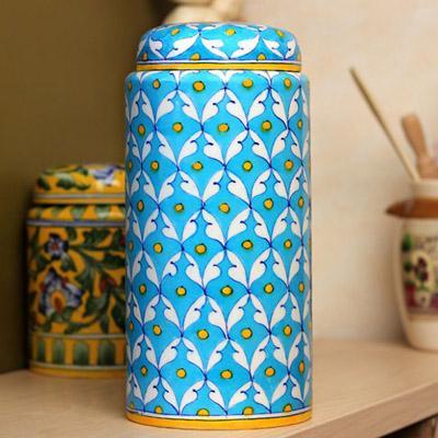 Jaipur Blue Pottery Handmade Jar with lid 9 inches - Turquoise Base 48 Geometric Design with yellow dots