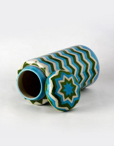 Jaipur Blue Pottery handmade Jar 9 inches with lid - Zig Zag Design with white,green & Turquoise colours