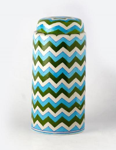 Jaipur Blue Pottery handmade Jar 9 inches with lid - Zig Zag Design with white,green & Turquoise colours