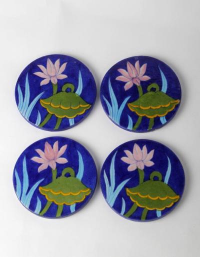 Lotus Flower Design on Blue Base Coasters