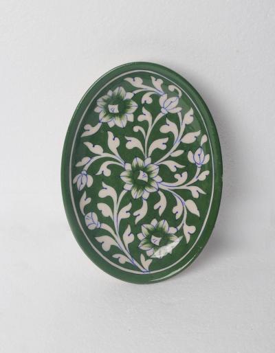 White Leaf on Green Base Oval Plate
