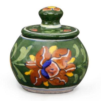 Jaipur Blue Pottery Handmade sugar Pot - Green Base with Brown Flower